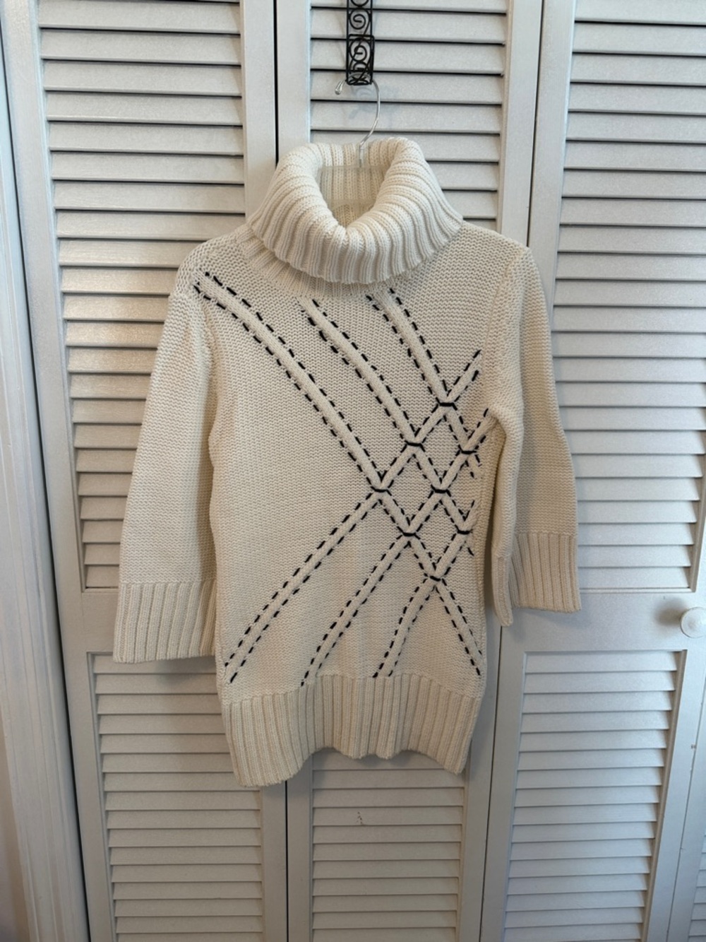 White House Black Market Cream Turtleneck Sweater with Black Stitching
